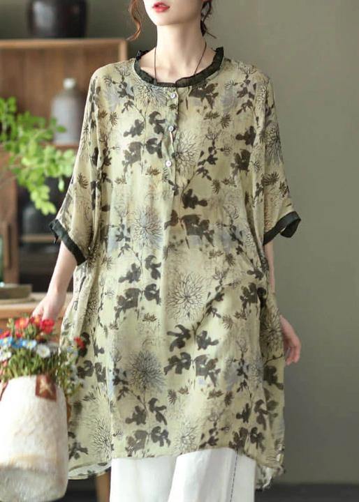 Plus Size-Red Ramie Floral Vintage Women Print Casual Shirt