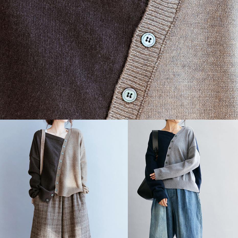 Vintage blue clothes v neck patchwork Loose fitting fall sweaters