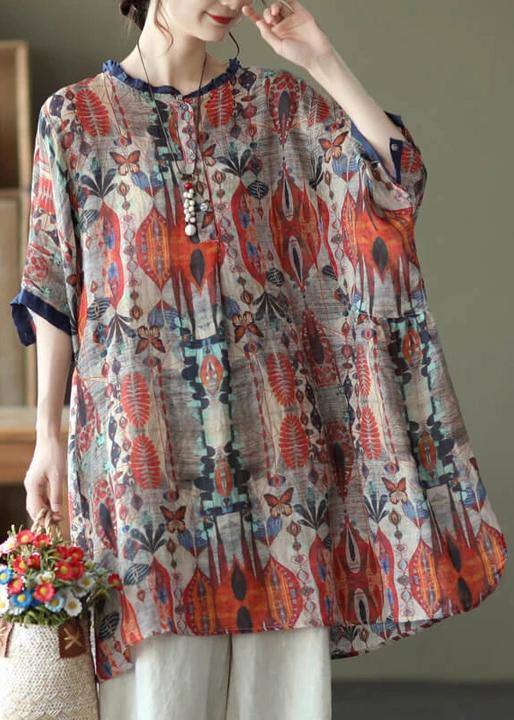 Plus Size-Red Ramie Floral Vintage Women Print Casual Shirt