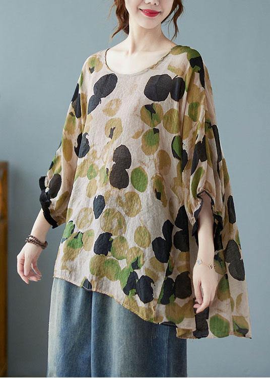 Loose Blue Dotted Batwing Sleeve Cotton Linen Tee