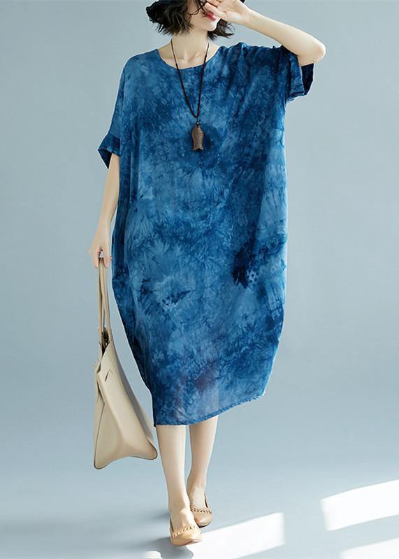 2025 blue long linen dress plus size O neck floral linen clothing dresses casual short sleeve baggy dresses linen caftans