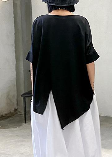 Unique black cotton clothes o neck asymmetric summer shirt