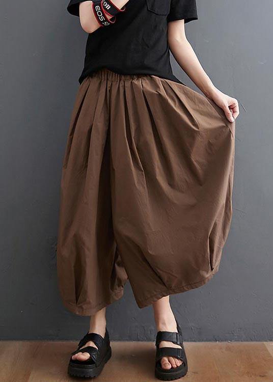 Plus Size Brown Pockets Wide Leg Pants Trousers Summer Cotton Linen
