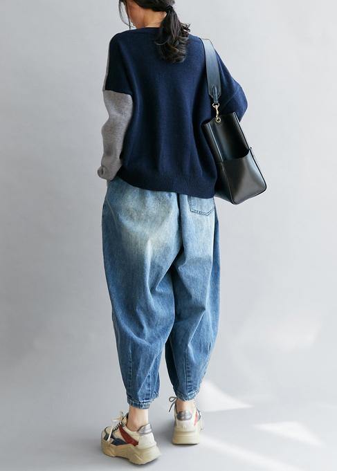 Vintage blue clothes v neck patchwork Loose fitting fall sweaters