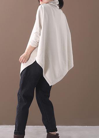 DIY asymmetric hem cotton high neck blouses for women Fabrics beige white tops
