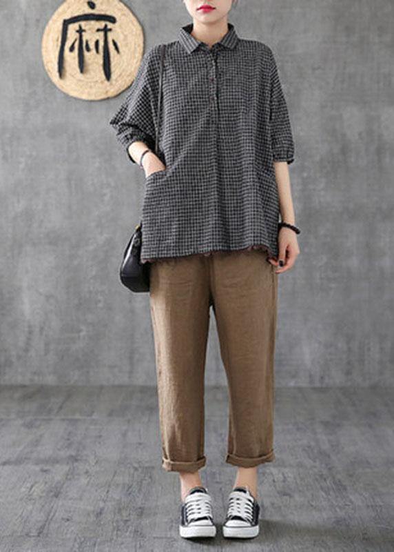 Italian Dark Grey Linen Plaid Summer Patchwork Half Sleeve