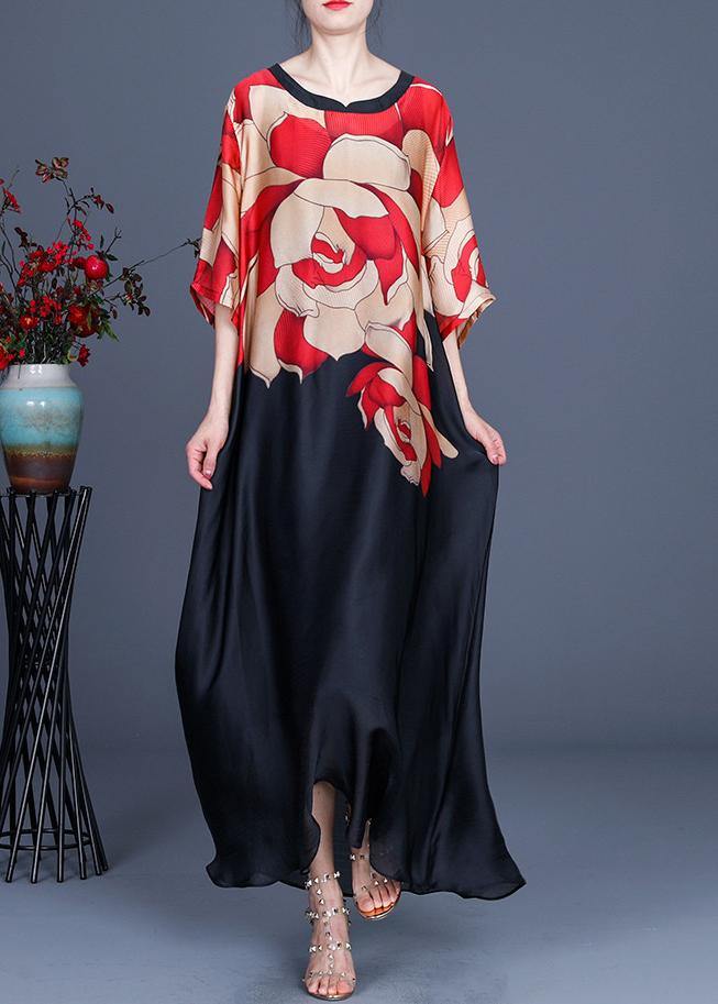 Plus Size Red Print O-Neck Chiffon Summer Dress