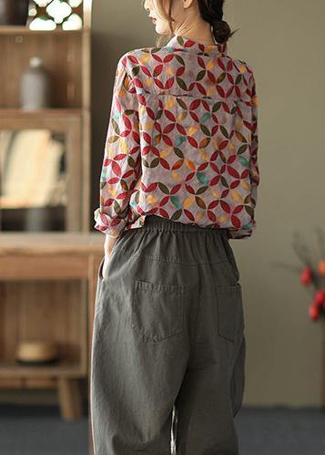 Unique Lapel Patchwork Spring Tunic Pattern Photography Red Print Blouse