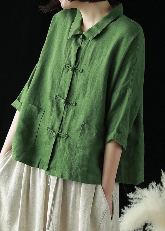 Beautiful Green Peter Pan Collar Pockets Summer Linen top