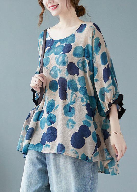 Loose Blue Dotted Batwing Sleeve Cotton Linen Tee