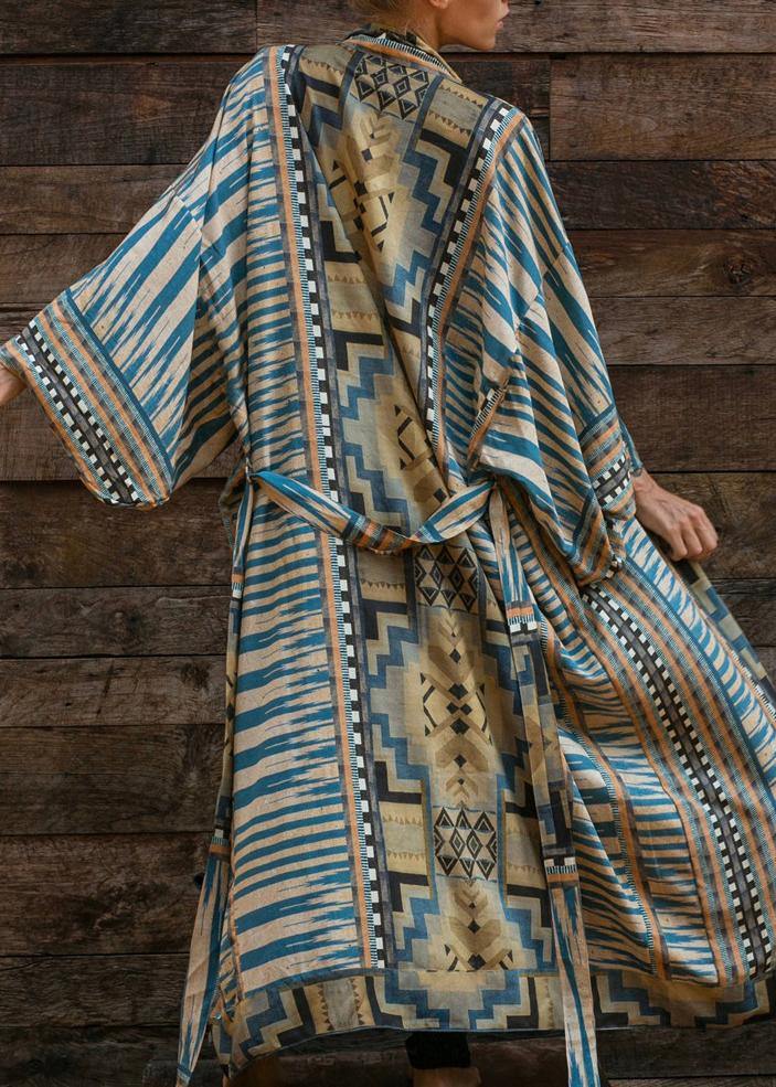 Bohemian Blue Geometric Print Long sleeve kimono robe Mid Summer Cotton
